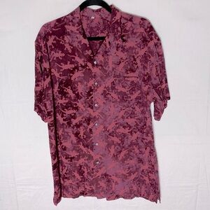 Burgundy Tie Dye Reptile Lizard Print Casual Short Sleeve Button Up Shirt L